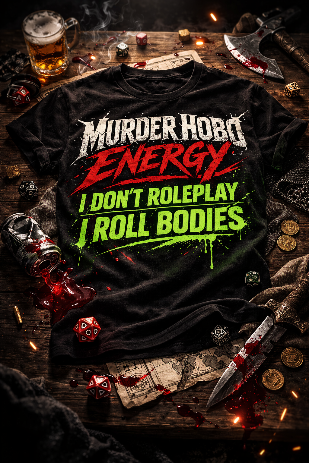 Murder Hobo Energy T-Shirt – I Don’t Roleplay I Roll Bodies – D&D Chaos Shirt